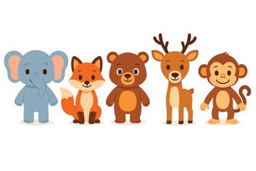 Cartoon Animals Elephant Fox Bear Deer and Monkey Standing in a Row