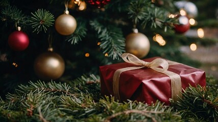 Obraz premium The box is wrapped in red and white paper and has a bow on top