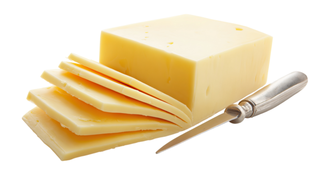 Solid cream-colored cheddar cheese block with smooth slice on transparent background