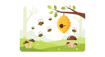 Bees flying around a beehive hanging from a tree in a forest with mushrooms and grass on a sunny day