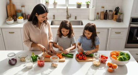 Happy mother and her two daughters prepare a healthy meal together in a bright kitchen.