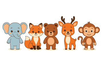 Group of Five Cute Cartoon Animals Standing Together on a White Background