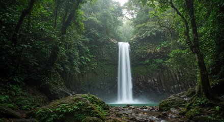 A majestic waterfall cascades into a tranquil pool surrounded by vibrant rainforest foliage.