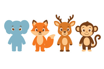Cartoon Animals Standing in a Row Elephant Fox Deer and Monkey