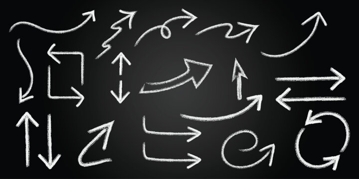 A set of chalk drawings on a blackboard including an oval shape checkmark incorrect cross arrows speech bubble double check charcoal arrow