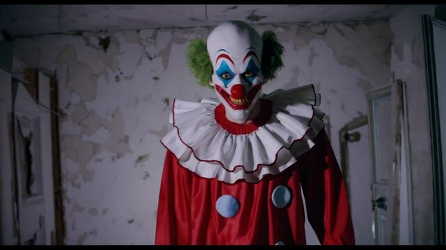 Creepy clown with crazy smile on his face suddenly appears around the corner in darkroom. Terrible clown with a colorful makeup in a festive costume