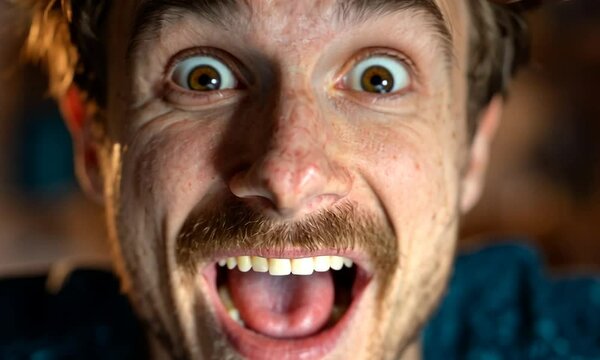 A man's face fills the frame, eyes wide with surprise and mouth agape in a laugh, details of teeth and beard visible