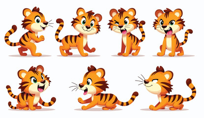 Collection of Adorable Cartoon Tiger Cub Characters in Various Poses on White Background
