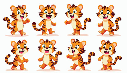 Obraz premium Eight Adorable Cartoon Tiger Cubs Walking and Smiling on a White Background