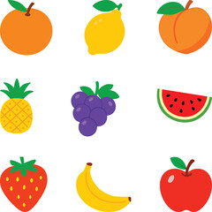 Colorful Flat Fruit Icons Set &ndash; Vector Illustration

