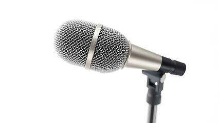 Dynamic microphone isolated on white, showcasing detailed metal texture and professional audio quality.