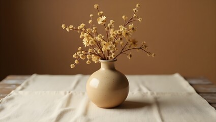 Flat lay of a rustic ceramic mini vase with dried flowers on soft fabric background. Earthy tones and warm natural light.