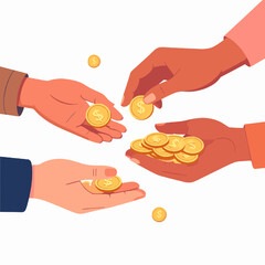 Hands Exchanging Gold Coins Depicting Investment and Charitable Contributions on White Background