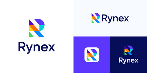 Letter R abstract geometric multicolored logo icon design vector illustration, Unique symbol initial alphabet sign with interrelated color colorful minimalist style for technology and brand identity