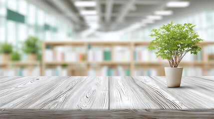 Potted green plant on pale white woodgrain table with blurred bookshelf background in bright indoor space, creating calm and fresh atmosphere for work or study