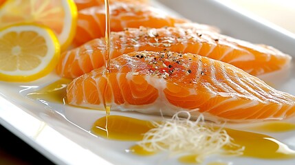 Fresh salmon slices drizzled with oil and garnished with lemon.