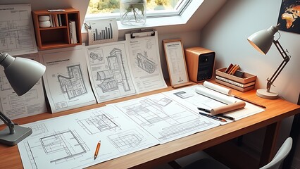 Architect's workspace with blueprints and drafting tools, organized for creative projects.