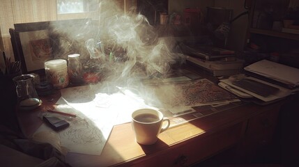 Warm sunbeams stream through a window, illuminating a cluttered desk with coffee and smoke