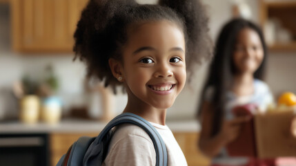 Smiling African American foster girl in kitchen preparing for school with backpack and friend nearby