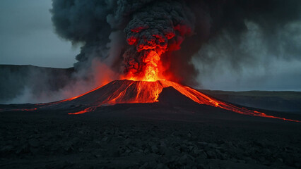 Volcanic eruption with glowing lava under the night sky