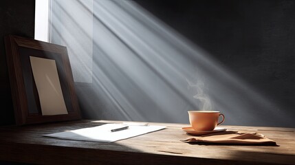 Sunbeams illuminate a wooden desk with a cup of coffee, a blank frame, and paperwork