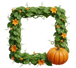 Square Frame of Pumpkin Vines, Flowers, and a Pumpkin