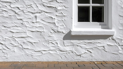 White textured exterior wall with fine paint brush strokes and small window casting shadow on surface, creating bright and clean architectural detail