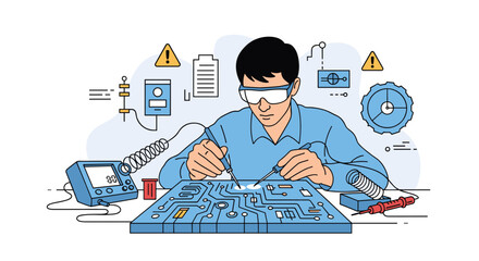 Skilled Technician Carefully Soldering Electronic Components on a Complex Circuit Board Wearing Protective Safety Goggles