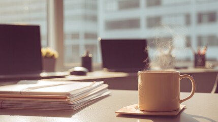 A beige mug of steaming coffee sits on a desk, amidst office supplies and computers, bathed in sunlight streaming through a window