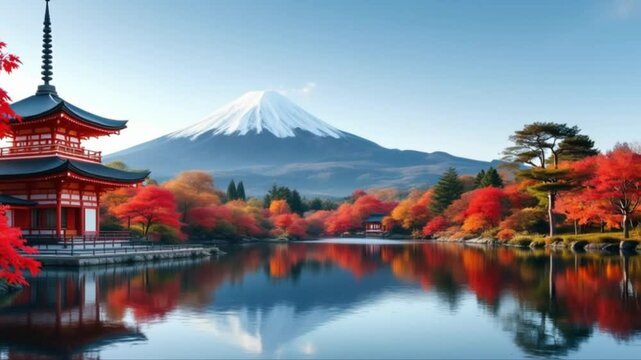 Serene japanese landscape featuring mount fuji reflection and traditional pagoda in autumn