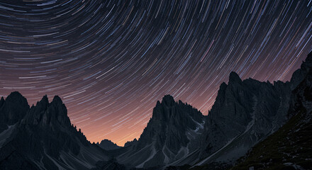 Celestial arcs illuminate jagged mountain peaks under a vast, swirling night sky