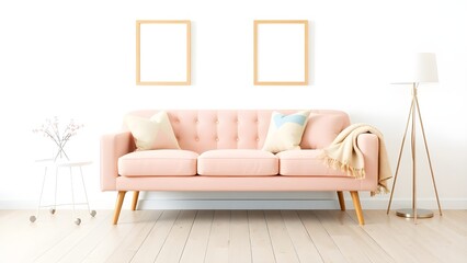 Poster mockup with two vertical frames on empty wall in living room interior with pink sofa and multi-colored pastel pillows. 3D rendering.