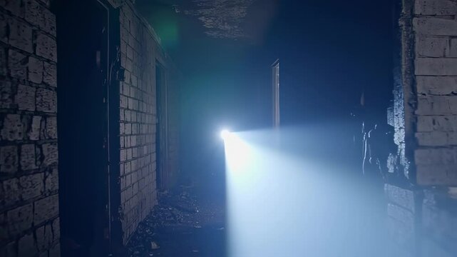 Abandoned hallway illuminated by flashlight beam