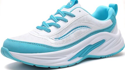 Teal-accented white athletic shoes with a chunky sole.