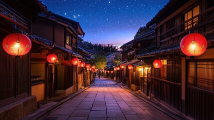 A tranquil Japanese alley at night, lined with traditional houses and lanterns