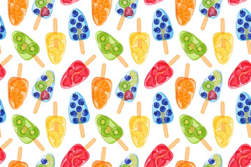 Colorful seamless pattern of fruit popsicle with strawberry, kiwi, blueberry, orange and pineapple isolated on white background. Cartoon design for summer dessert menu or package.