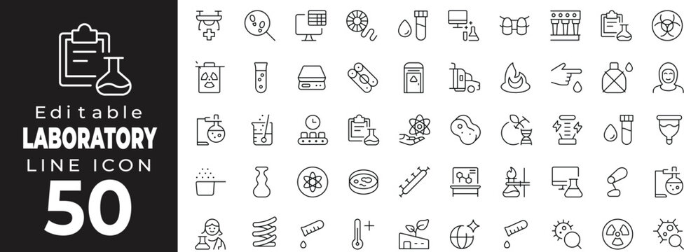 Editable stroke icon collection representing laboratory equipment and science research. Includes icons of test tubes, microscope, beakers, chemical flasks, petri dish, DNA strand, lab coat - Powered by Adobe