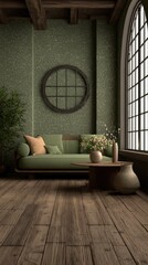 A cozy, rustic living room with sage-green walls, a wooden sofa, and a round window