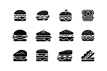 Black Silhouette Icons of Burgers and Sandwich hamburger food