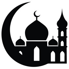 Islamic mosque silhouette with crescent moon and star symbol