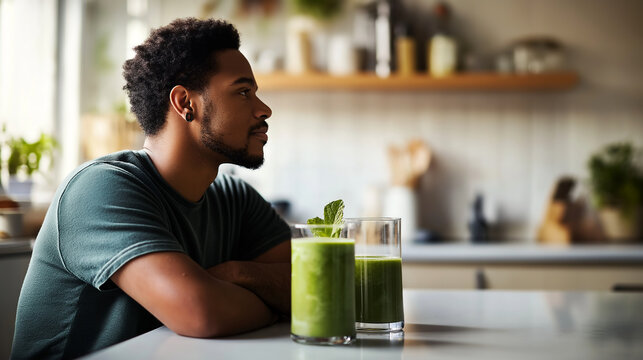 Latino man enjoys a refreshing healthy smoothie in a bright kitchen while contemplating his day ahead - Powered by Adobe
