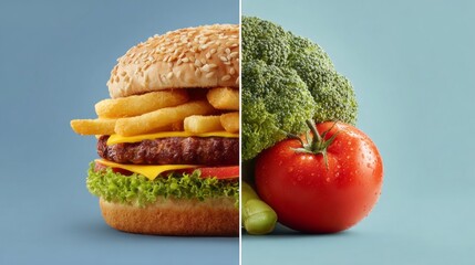 Split image of fast food burger and fresh vegetables on blue background, contrasting diet choices