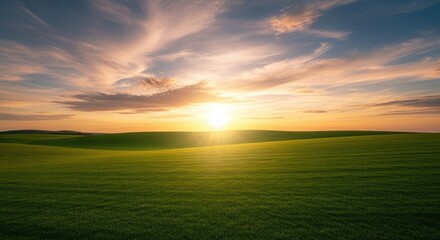 Obraz premium Green rolling fields at sunset sunrise rolling hills