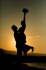 Silhouette of Eternal Bond: A romantic silhouette of a couple sharing a joyous moment, set against...