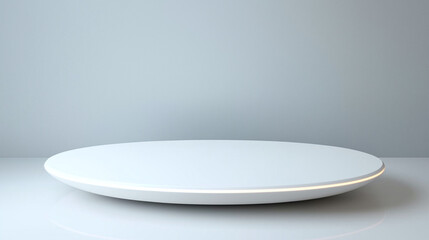 Oval white podium with glowing rim in minimalist setting, perfect for product display or presentation with clean and modern design