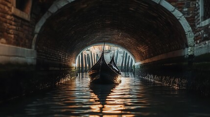 Gondola Navigating a Dark Venetian Canal Tunnel