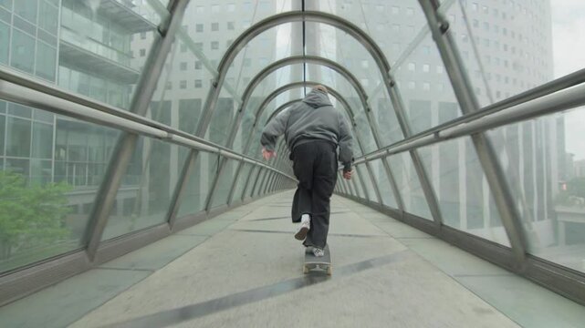 Skateboarder performing tricks in a transparent urban tunnel