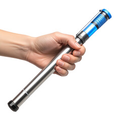 Naklejka premium Hand holding modern metal tool against black background
