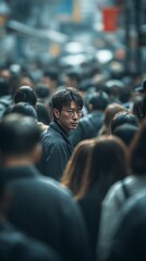 Lost in the Crowd: A solitary figure navigates a densely packed urban landscape, lost in thought amidst the anonymous faces and bustling activity of the metropolis. 