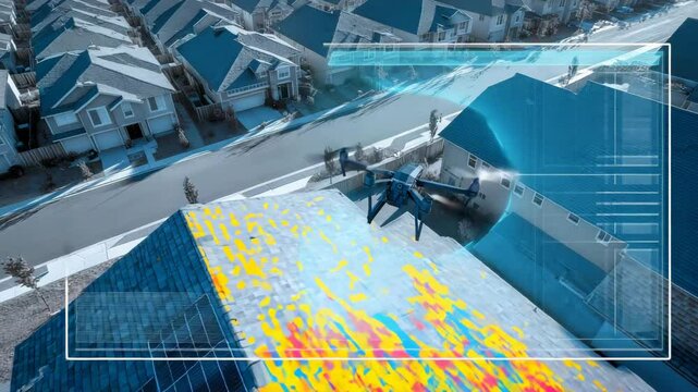 Thermo W&auml;rmebildkamera Drohne entdeckt Sch&auml;den an Solardach &ndash; visuelle Kontrolle per Tablet. K&uuml;nstliche Intelligenz KI